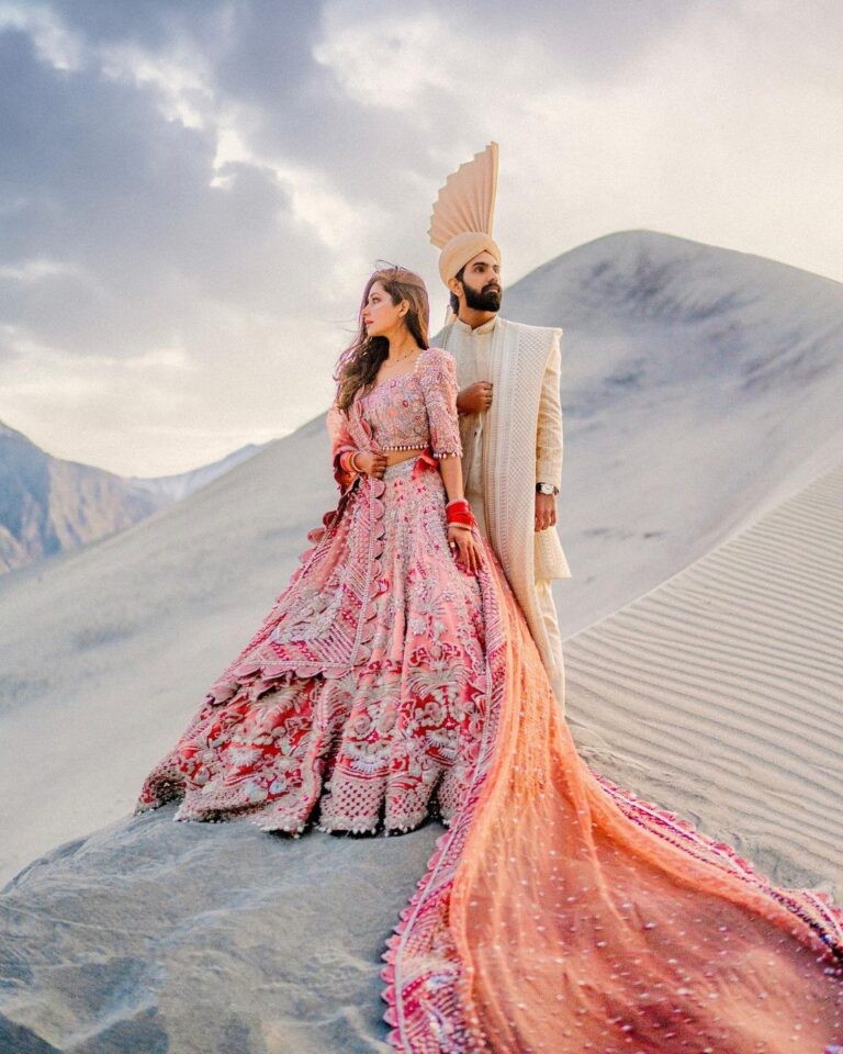 Wedding couple stand on Desert and give a pose.