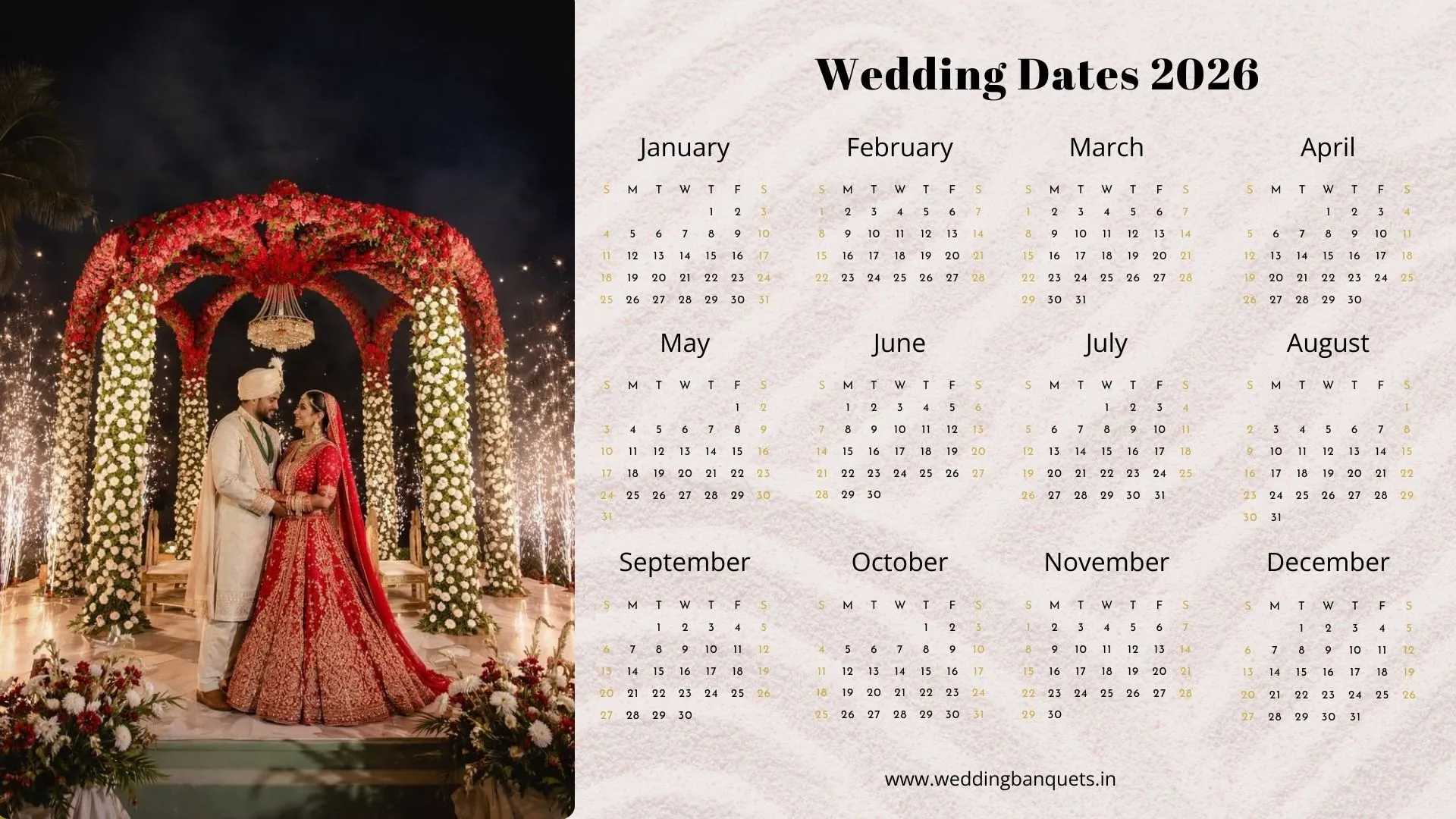 December 2026 wedding dates, November wedding dates in 2026, wedding dates in July 2026, Wedding Dates in june 2026, May 2026 Wedding Dates, wedding  Dates in April 2026, wedding dates in March 2026, 2026 Hindu wedding dates