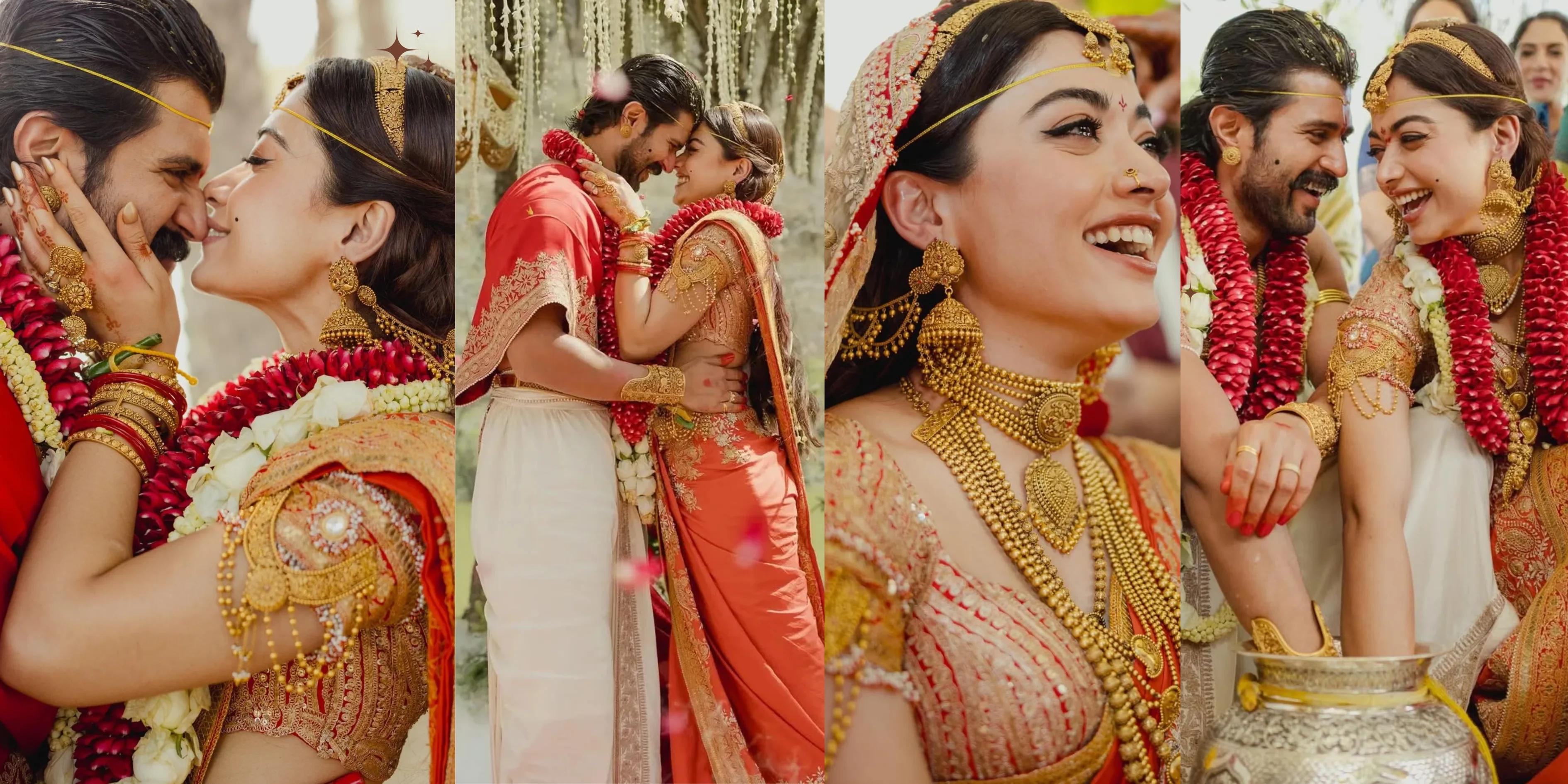 Bride in orange saree ritual,Wedding couple entry,South Indian wedding pose,Groom traditional look,Romantic wedding close-up