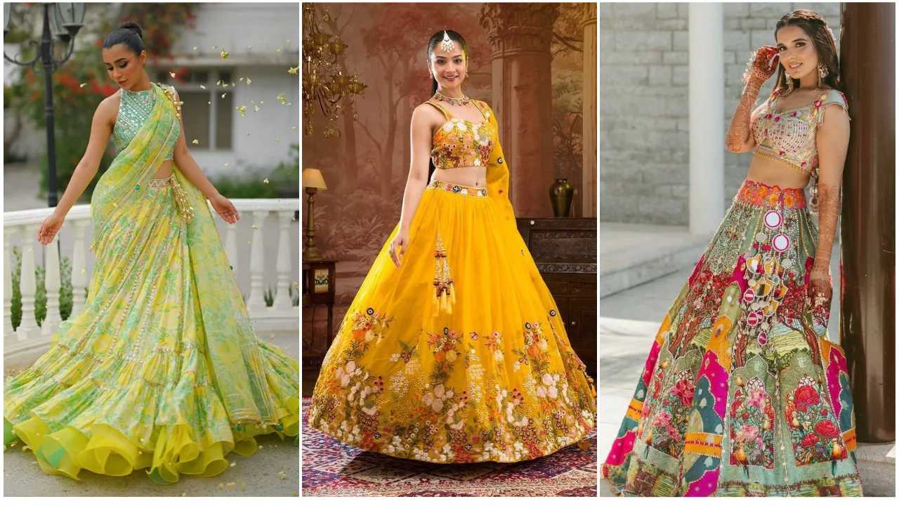 boho top with fabric latkans, flared kurti with sinuous patterns, trendy wreath top, phoolon ki chaadar dupatta, pre draped saree, lehenga with frills, multicolour lehenga haldi bridal look, green and yellow lehenga choli, pre stitched dhoti top with cape, contemporary lehenga tulle choli, off shoulder haldi dress bride, one arm drape cape multicolour skirt, layered lehenga one shoulder blouse, sharara set mirror work, modern traditional embroidery outfit, turquoise contemporary lehenga, embellished blouse and bottom, haldi outfit for bride, haldi lehenga ideas, bridal haldi dress trends, designer haldi outfits, latest bridal lehenga styles, trendy indian wedding outfits
