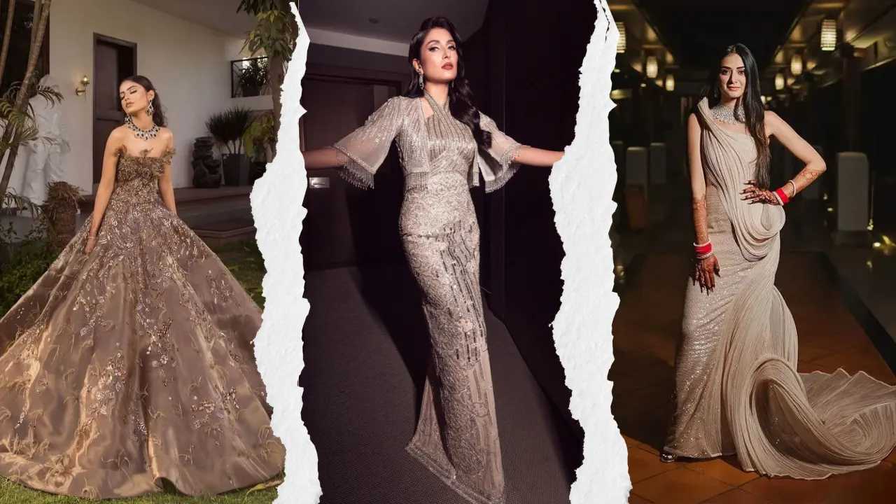 red draped gown with veil, pink gown with white threadwork, nude shimmer gown, white gown with rust and diamond work, peach and golden tone gown, flared peach gown with red embellished leaves, golden metallic net gown, all-over silver metallic gown, heavy net gown with ruffled borders, indo western gown, wine color gown, midnight blue gown, princess style gown, onion color gown with foil embroidery, bodycon blue gown with flared bottom, ruffle shoulder gown, cream gown with sippi work, light grey gown, electric purple draped gown, symmetrical drape gown, rose inspired gown, structured net drape gown, body hugging gown with shoulder jacket, off shoulder maroon gown with sparkles, timeless ball gown, tulle bodice gown, peach lehenga style gown, corset gown, dual tone sequin gown, organza flair gown, 3d embellished leaf gown, sage green gown with beads and crystals, grey net bodice gown with green veil, mermaid style gown, ball gown style, sheath gown, a line gown, indo western gota patti gown, full sleeve embroidered gown, gold top gown with floral appliques, bodycon gown with floor length jacket, multicolour embellished gown, quirky mermaid gown